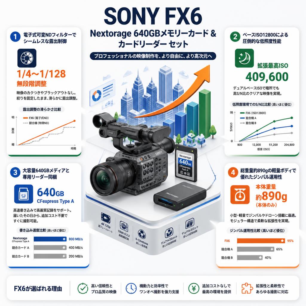 SONY FX6/Nextorage 640GB CFexpress メモリーカード/Type A SDメモリーカード対応 カードリーダー セット セールスポイント