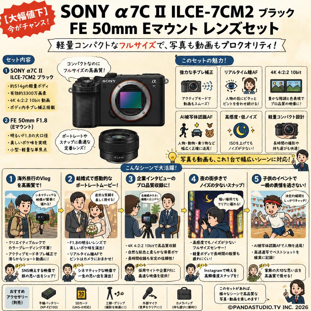 【大幅値下】SONY α7C II ILCE-7CM2 ブラック(ミラーレスカメラ)・FE 50mm Eマウント レンズセット 用途