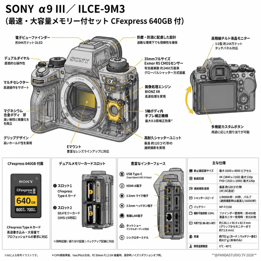 SONY α9 III／ ILCE-9M3 （最速・大容量メモリー付セット CFexpress 640GB 付） スペック
