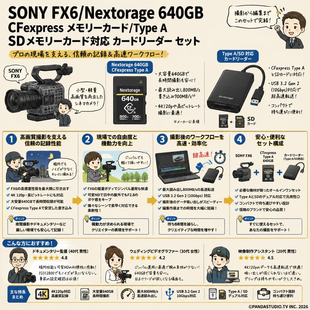 SONY FX6/Nextorage 640GB CFexpress メモリーカード/Type A SDメモリーカード対応 カードリーダー セット インターネット上のお客様の声（評判）