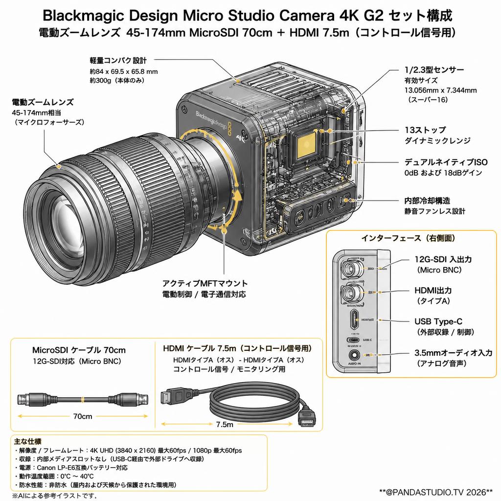 Blackmagic Design Micro Studio Camera 4K G2 ＋電動ズームレンズ 45-174mm MicroSDI 70cm ＋ HDMI 7.5m（コントロール信号用） スペック