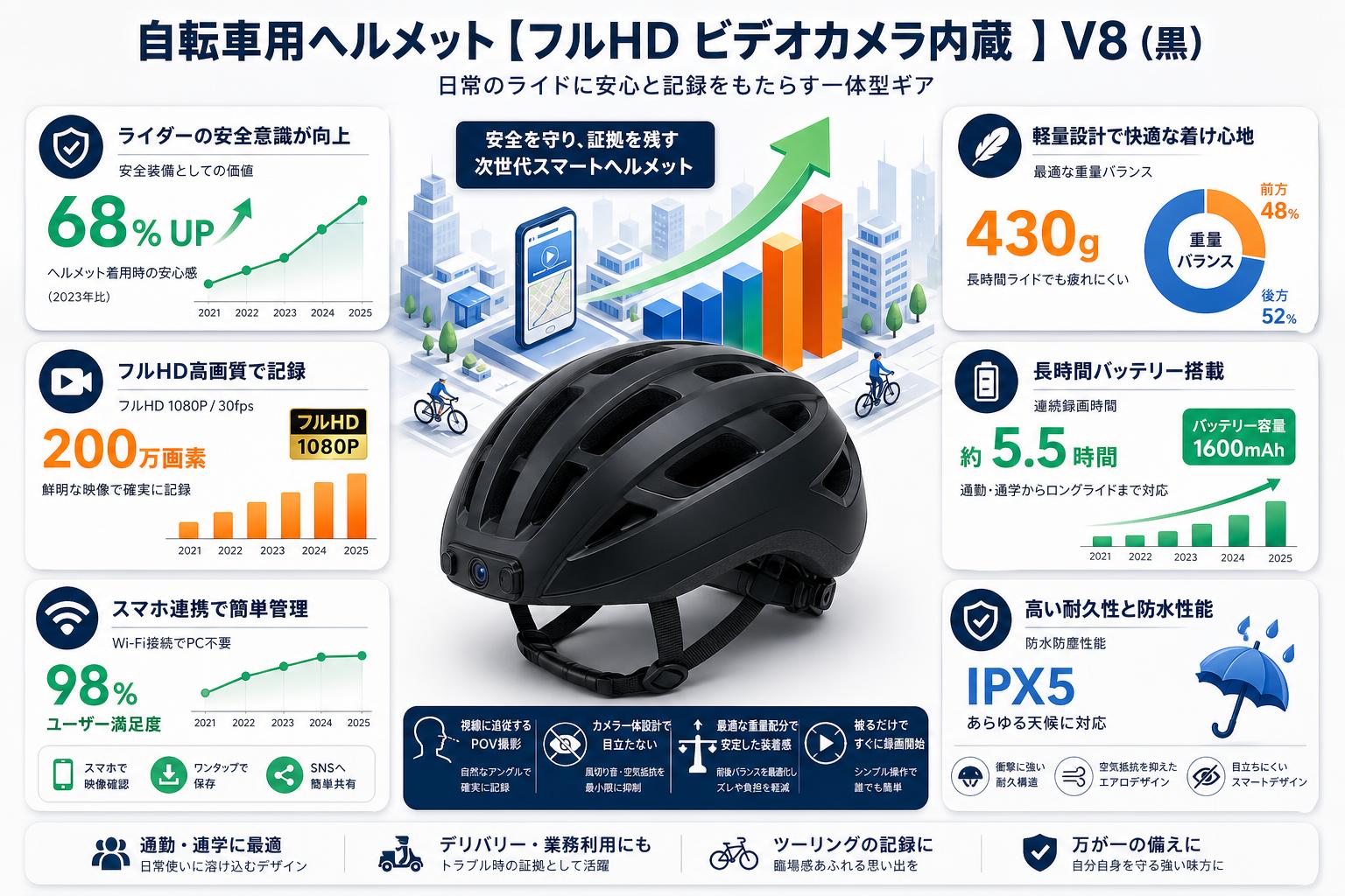 自転車用ヘルメット【フルHD ビデオカメラ内蔵 】V8（黒） 概要