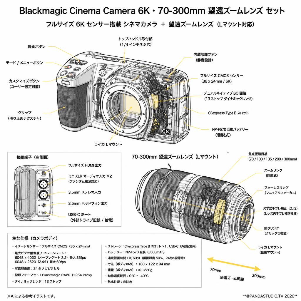 Blackmagic  Cinema Camera 6K・70-300mm 望遠ズームレンズ セット スペック