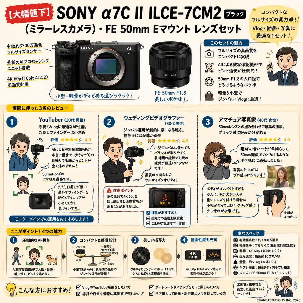 【大幅値下】SONY α7C II ILCE-7CM2 ブラック(ミラーレスカメラ)・FE 50mm Eマウント レンズセット インターネット上のお客様の声（評判）