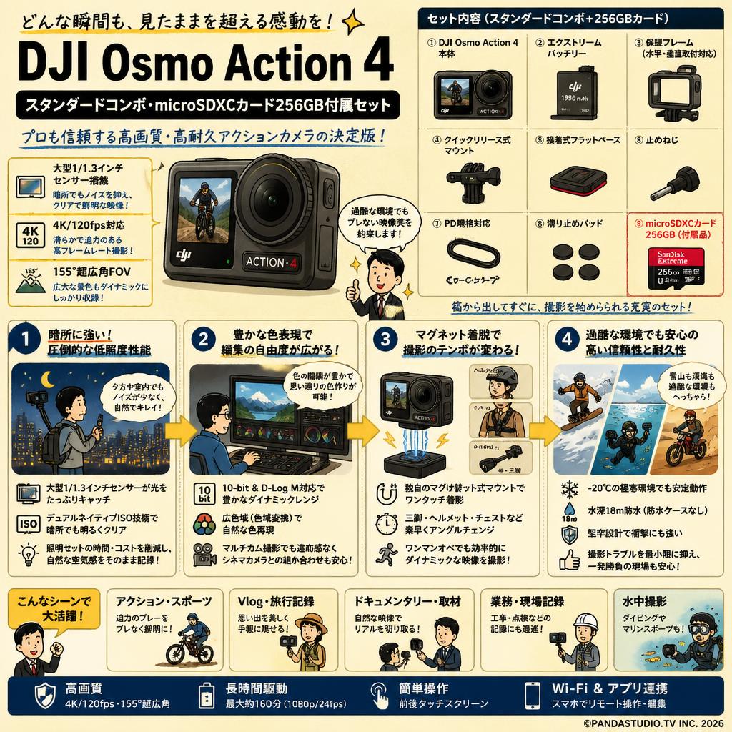 DJI  Osmo Action 4 スタンダードコンボ・ microSDXCカード256GB付属セット 概要