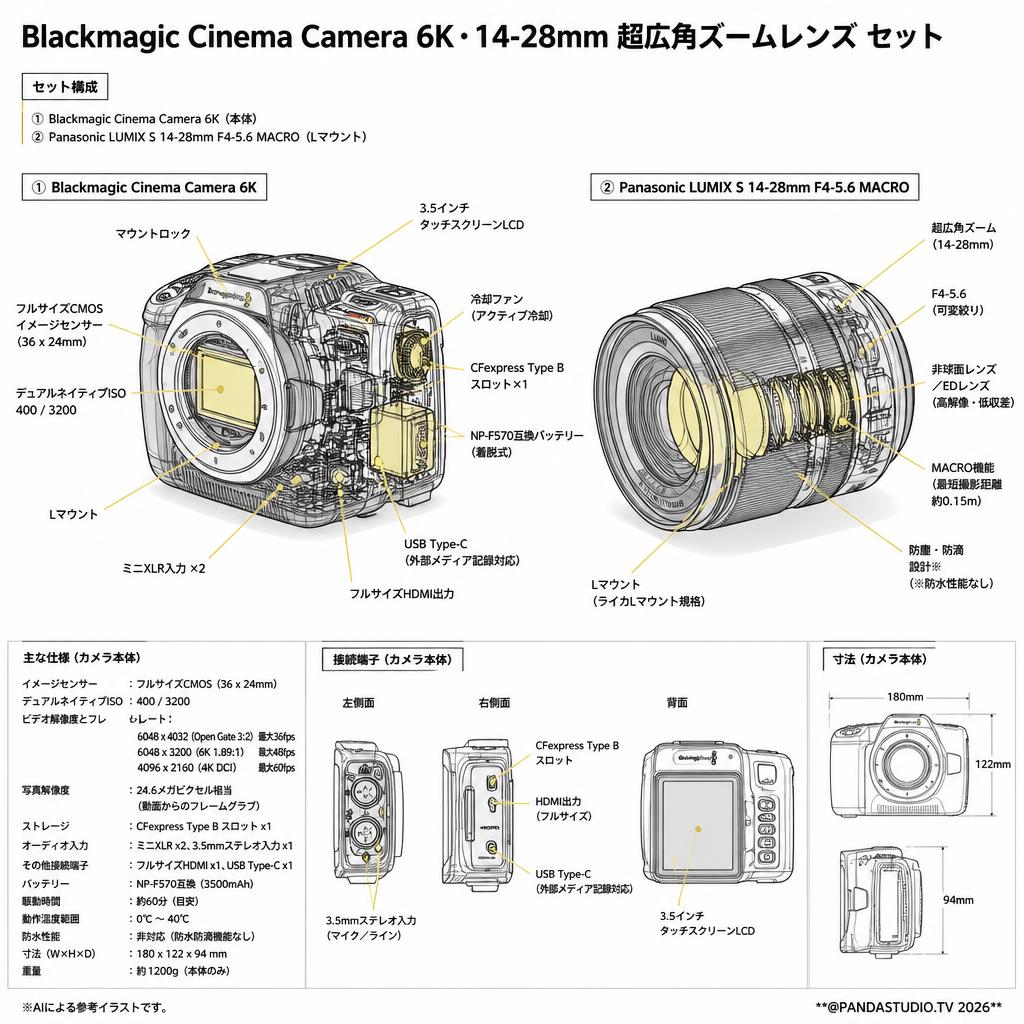 Blackmagic  Cinema Camera 6K・14-28mm 超広角ズームレンズ セット スペック