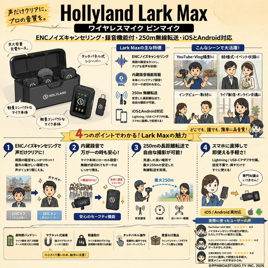 Hollyland-Lark Max-ワイヤレスマイク ピンマイク ENCノイズキャンセリング・録音機能付 -250ｍ 無線転送 iOSとAndroid対応 インターネット上のお客様の声（評判）