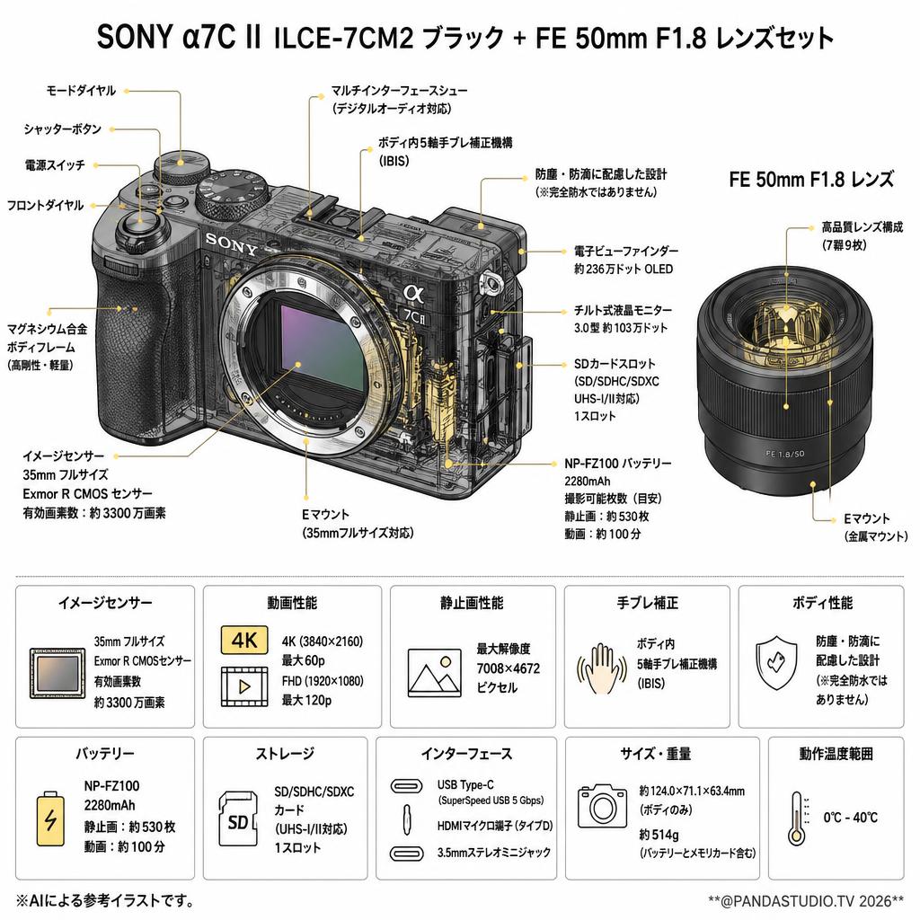 【大幅値下】SONY α7C II ILCE-7CM2 ブラック(ミラーレスカメラ)・FE 50mm Eマウント レンズセット スペック