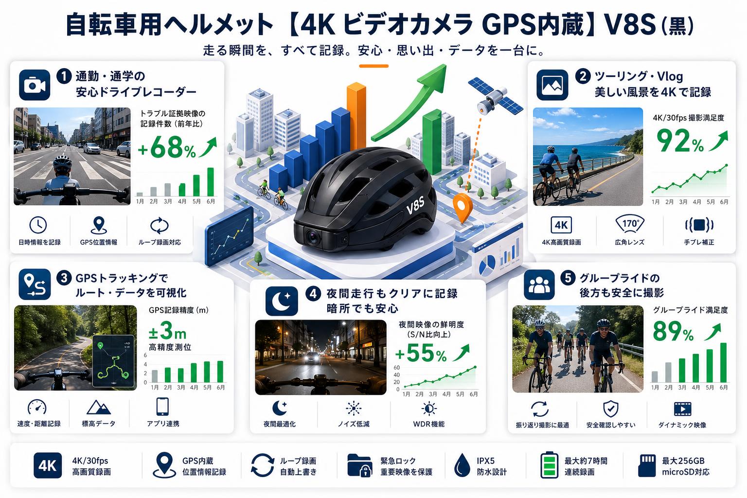 自転車用ヘルメット 【4K ビデオカメラ GPS内蔵】V8S（黒） 用途