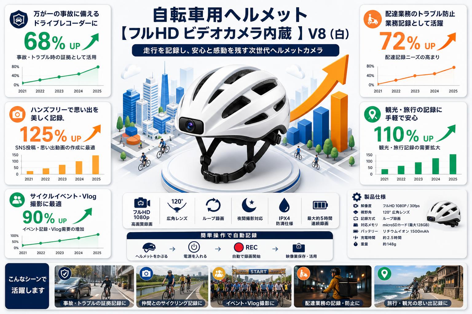 自転車用ヘルメット【フルHD ビデオカメラ内蔵 】V8（白） 用途