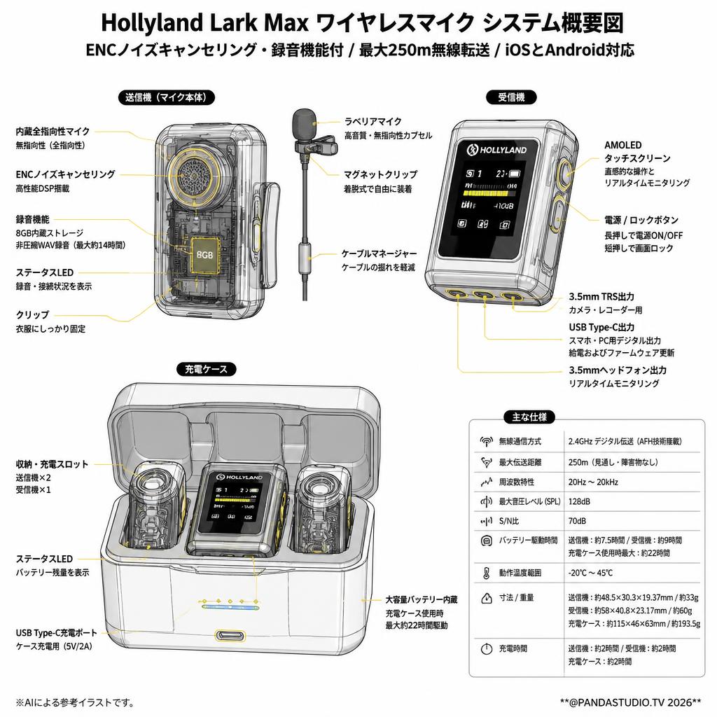 Hollyland-Lark Max-ワイヤレスマイク ピンマイク ENCノイズキャンセリング・録音機能付 -250ｍ 無線転送 iOSとAndroid対応 スペック