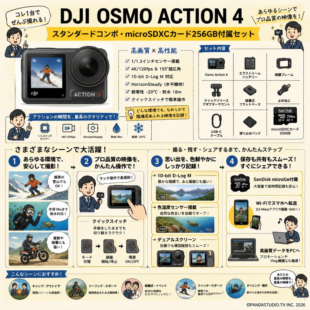 DJI  Osmo Action 4 スタンダードコンボ・ microSDXCカード256GB付属セット 用途