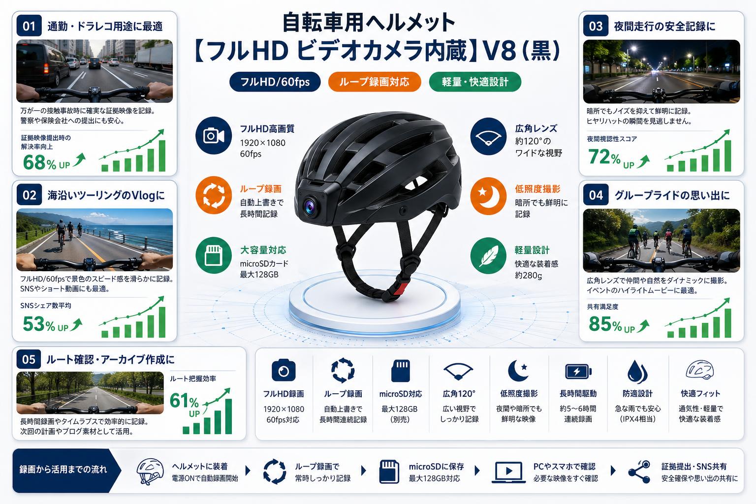 自転車用ヘルメット【フルHD ビデオカメラ内蔵 】V8（黒） 用途