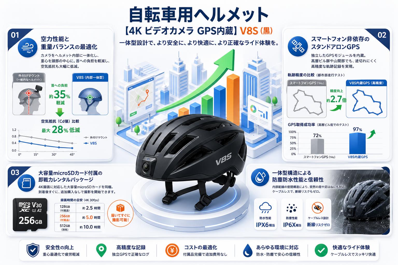 自転車用ヘルメット 【4K ビデオカメラ GPS内蔵】V8S（黒） セールスポイント