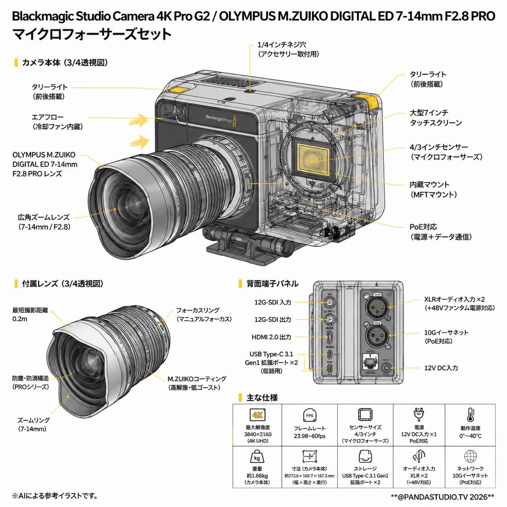 Blackmagic Studio Camera 4K Pro G2 / OLYMPUS M.ZUIKO DIGITAL ED 7-14mm F2.8 PRO マイクロフォーサーズセット スペック