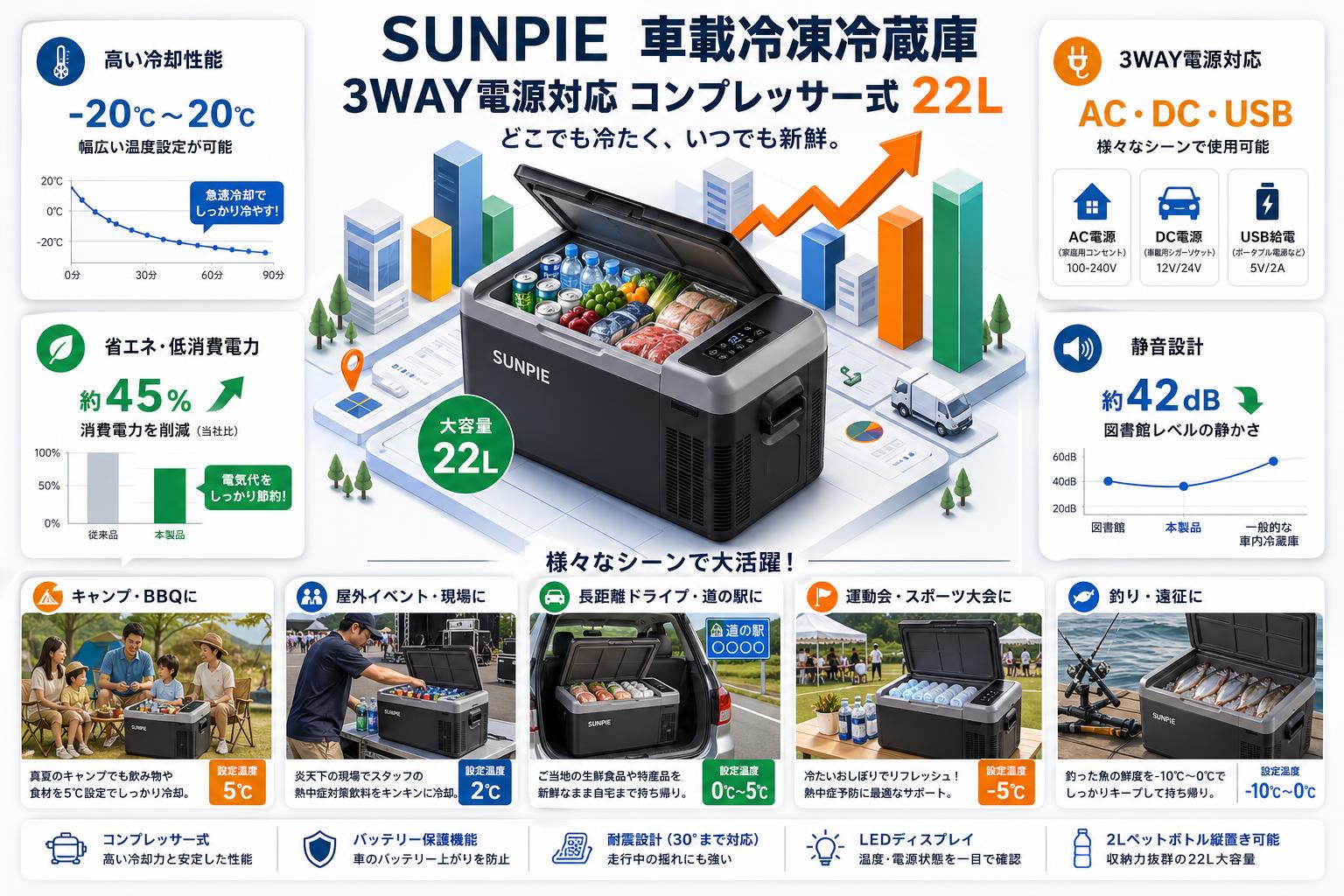 SUNPIE 車載冷凍冷蔵庫 3WAY電源対応 コンプレッサー式 22L 用途