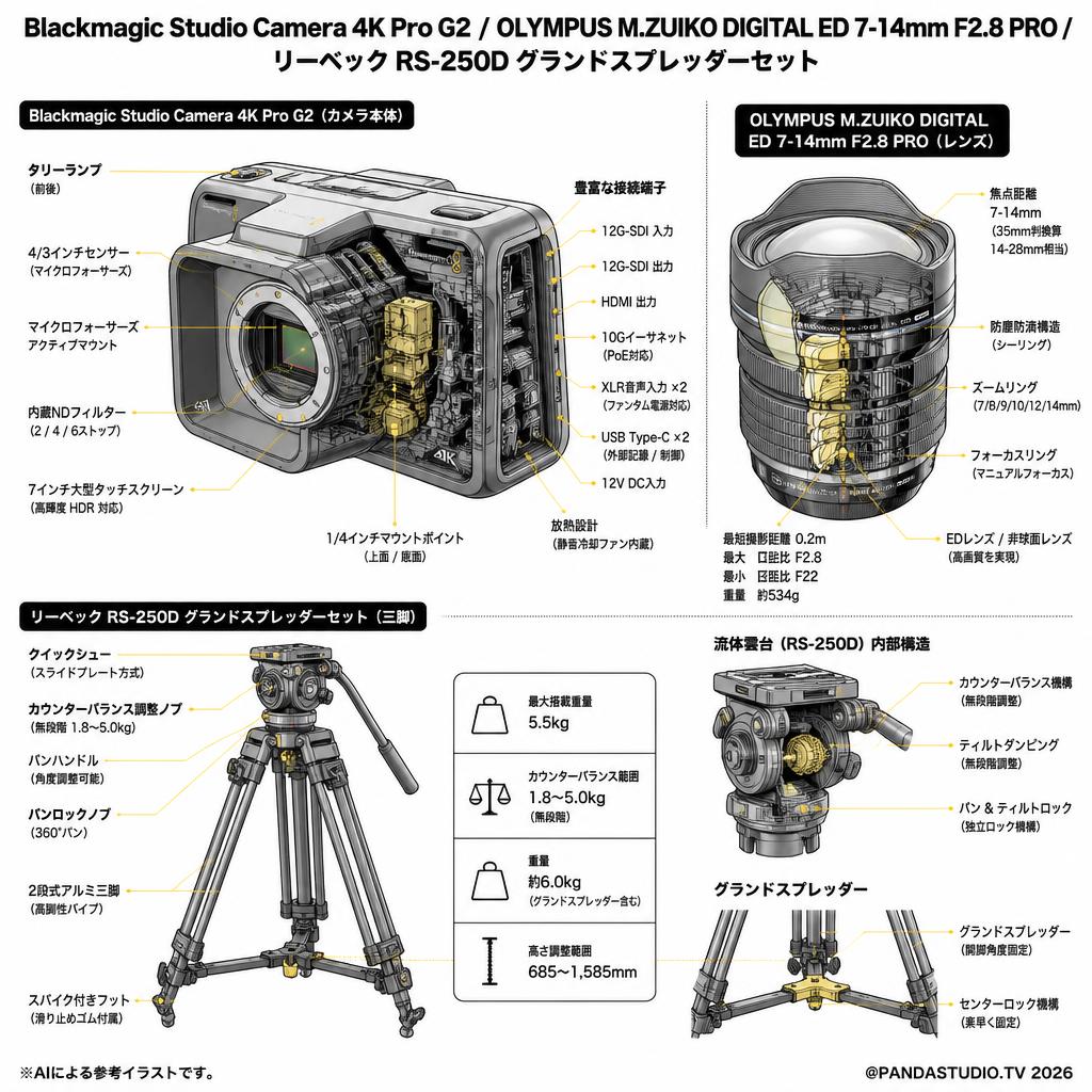 Blackmagic Studio Camera 4K Pro G2 / OLYMPUS M.ZUIKO DIGITAL ED 7-14mm F2.8 PRO / リーベック RS-250D グランドスプレッダーセット スペック