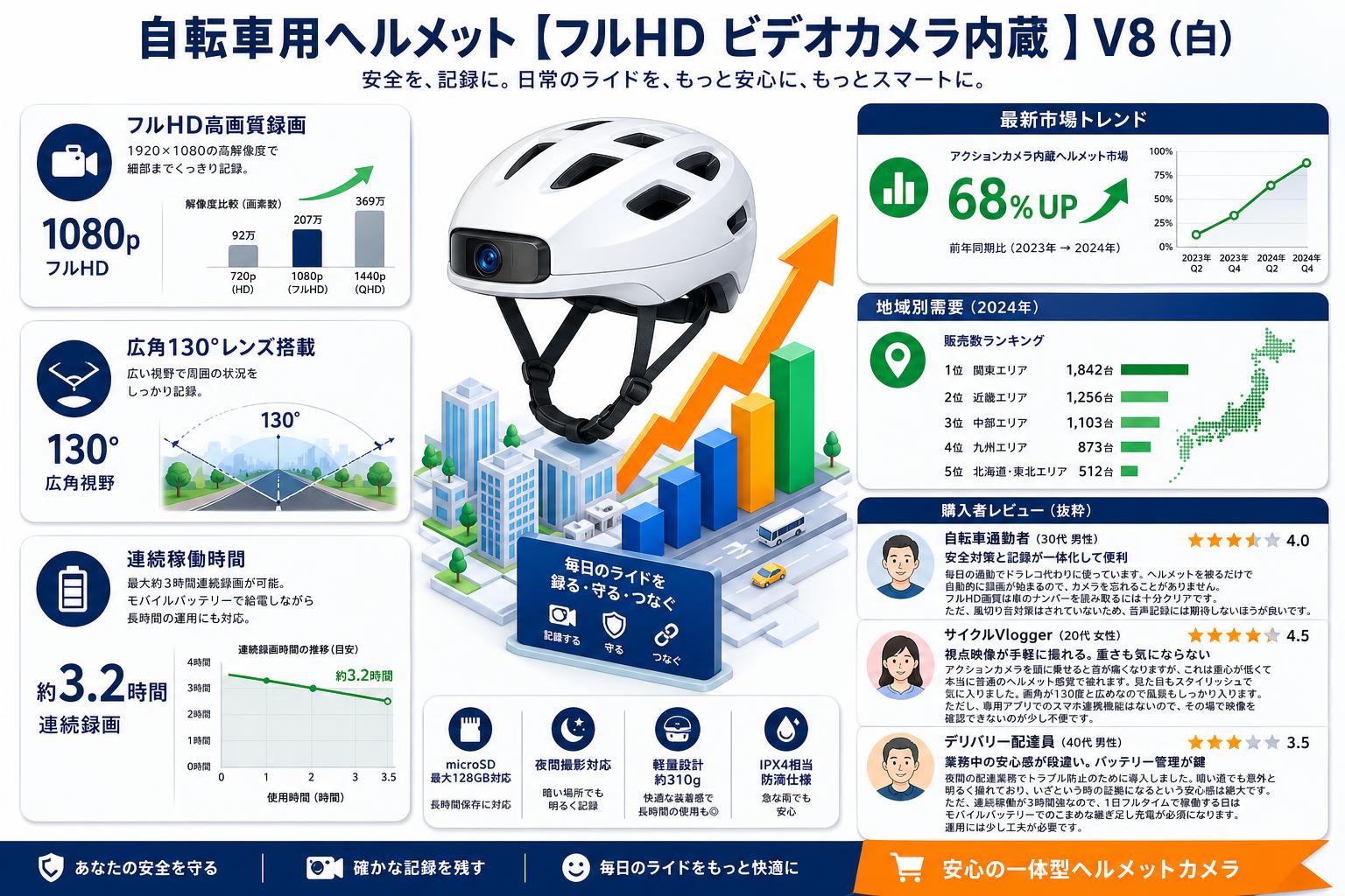 自転車用ヘルメット【フルHD ビデオカメラ内蔵 】V8（白） インターネット上のお客様の声（評判）