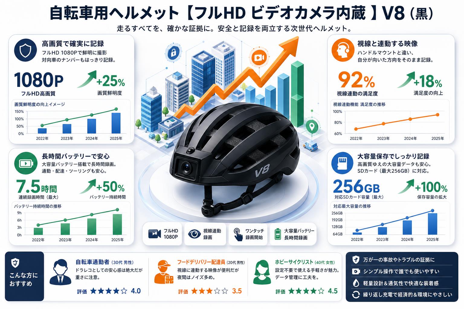 自転車用ヘルメット【フルHD ビデオカメラ内蔵 】V8（黒） インターネット上のお客様の声（評判）