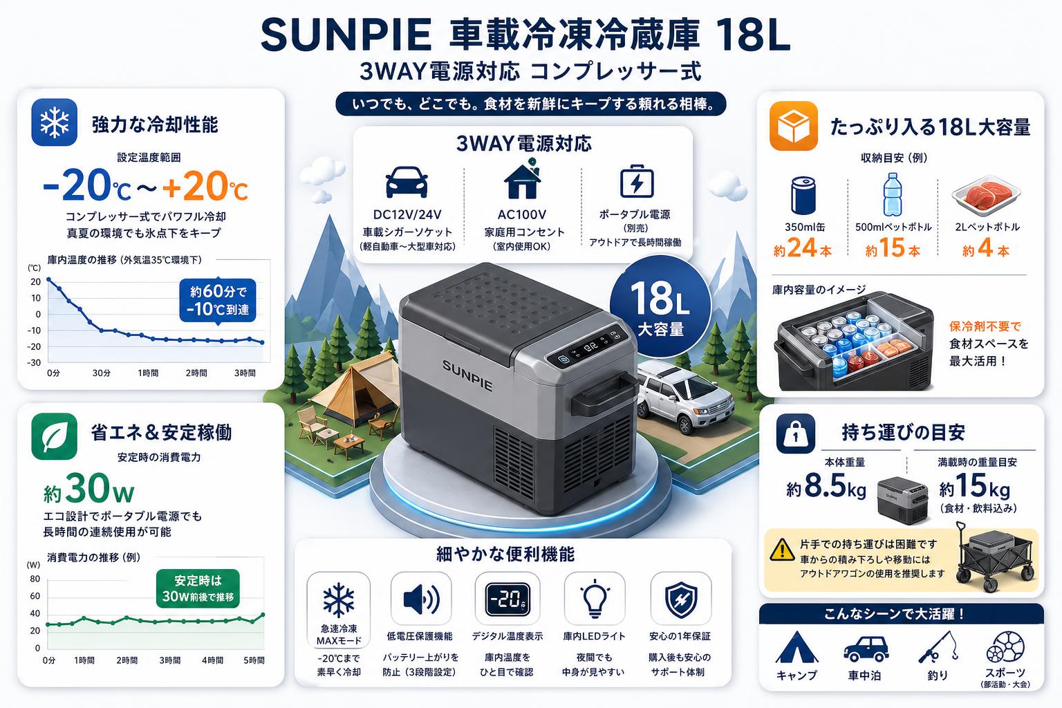SUNPIE 車載冷凍冷蔵庫 3WAY電源対応 コンプレッサー式 18L インターネット上のお客様の声（評判）
