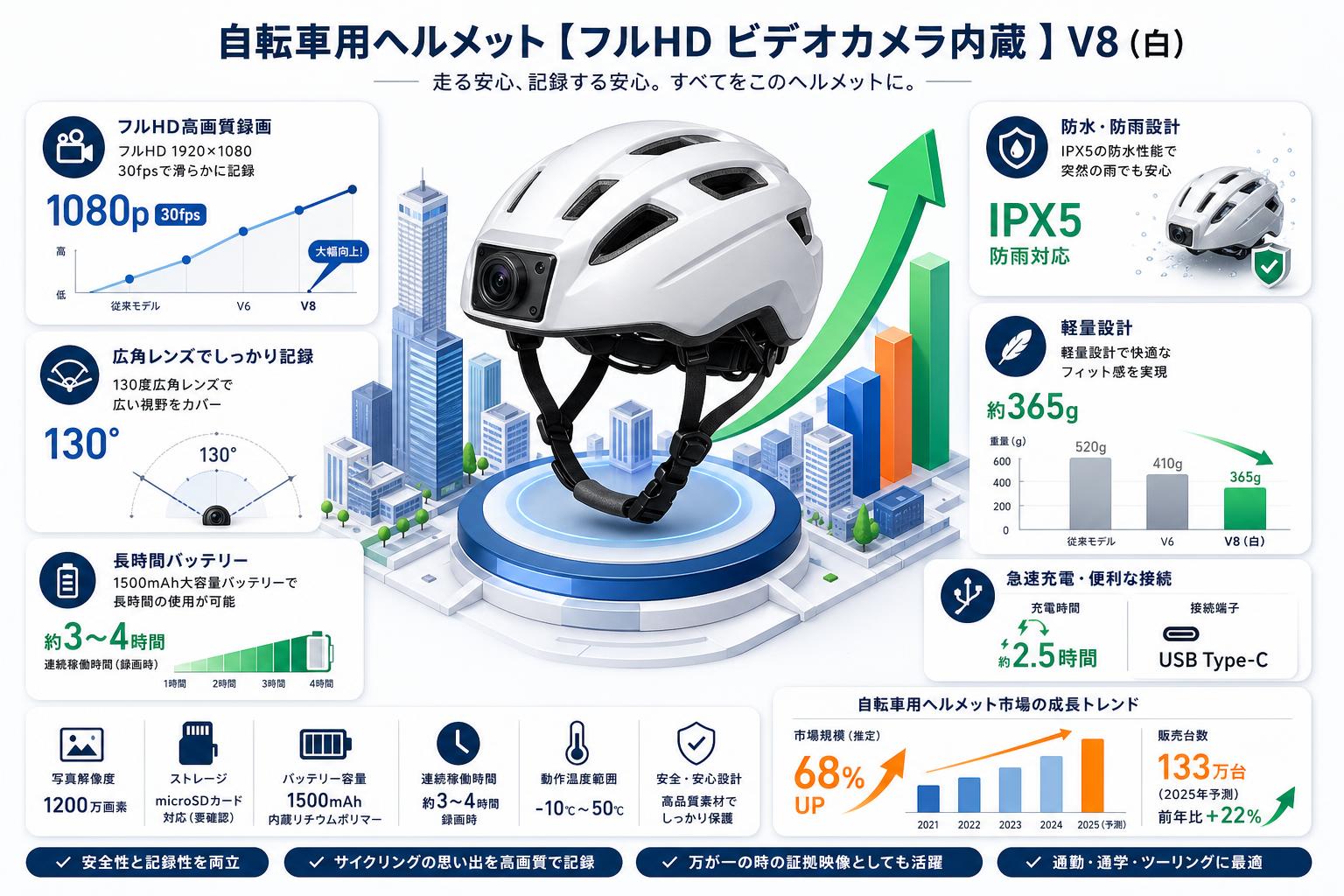 自転車用ヘルメット【フルHD ビデオカメラ内蔵 】V8（白） スペック