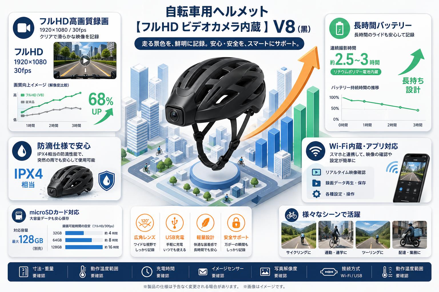 自転車用ヘルメット【フルHD ビデオカメラ内蔵 】V8（黒） スペック