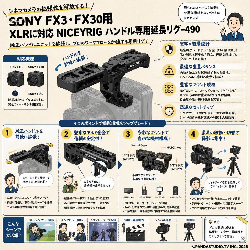 SONY FX3 FX30用 XLRに対応 NICEYRIG ハンドル専用延長リグ-490 概要