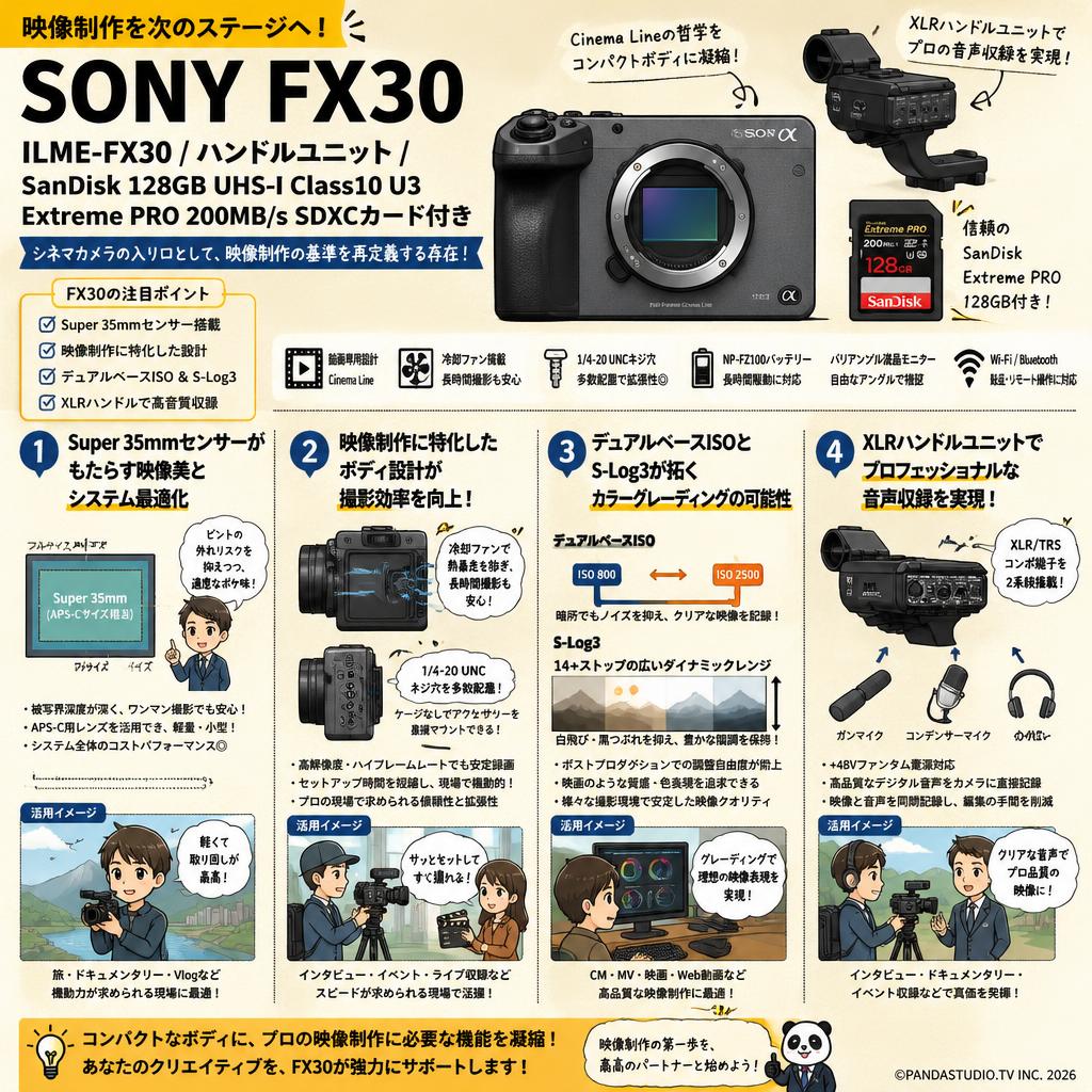 SONY FX30  ILME-FX30 / ハンドルユニット/ SanDisk 128GB UHS-I Class10 U3 Extreme PRO 200MB/s SDXCカード付き 概要