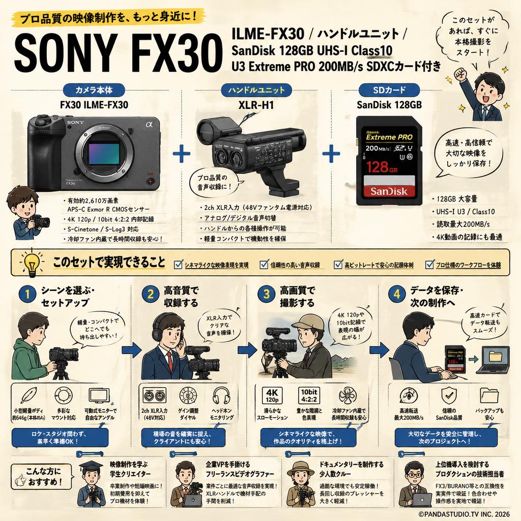 SONY FX30  ILME-FX30 / ハンドルユニット/ SanDisk 128GB UHS-I Class10 U3 Extreme PRO 200MB/s SDXCカード付き おもな対象のお客様