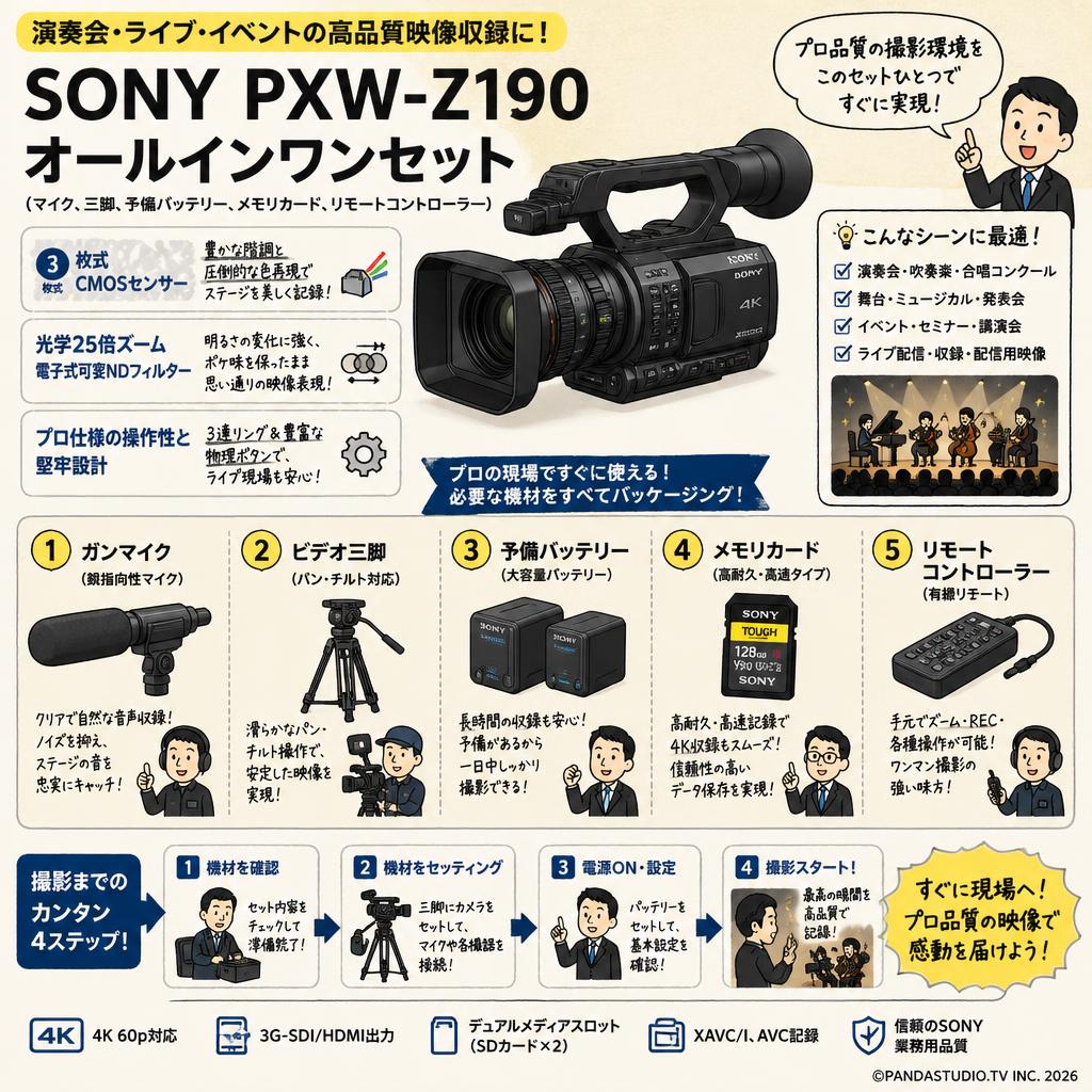 【演奏会撮影に最適】SONY PXW-Z190 オールインワンセット（マイク、三脚、予備バッテリー、メモリカード、リモートコントローラー） 概要