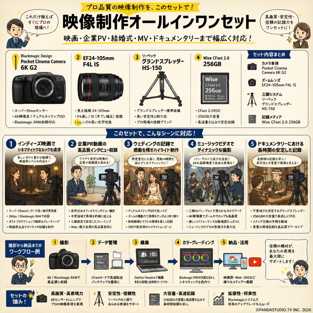 Blackmagic Design Pocket Cinema Camera 6K G2 / EF24-105mm F4L IS / リーベック  グランドスプレッダーHS-150 / Wise CFast 2.0 256GB セット 用途
