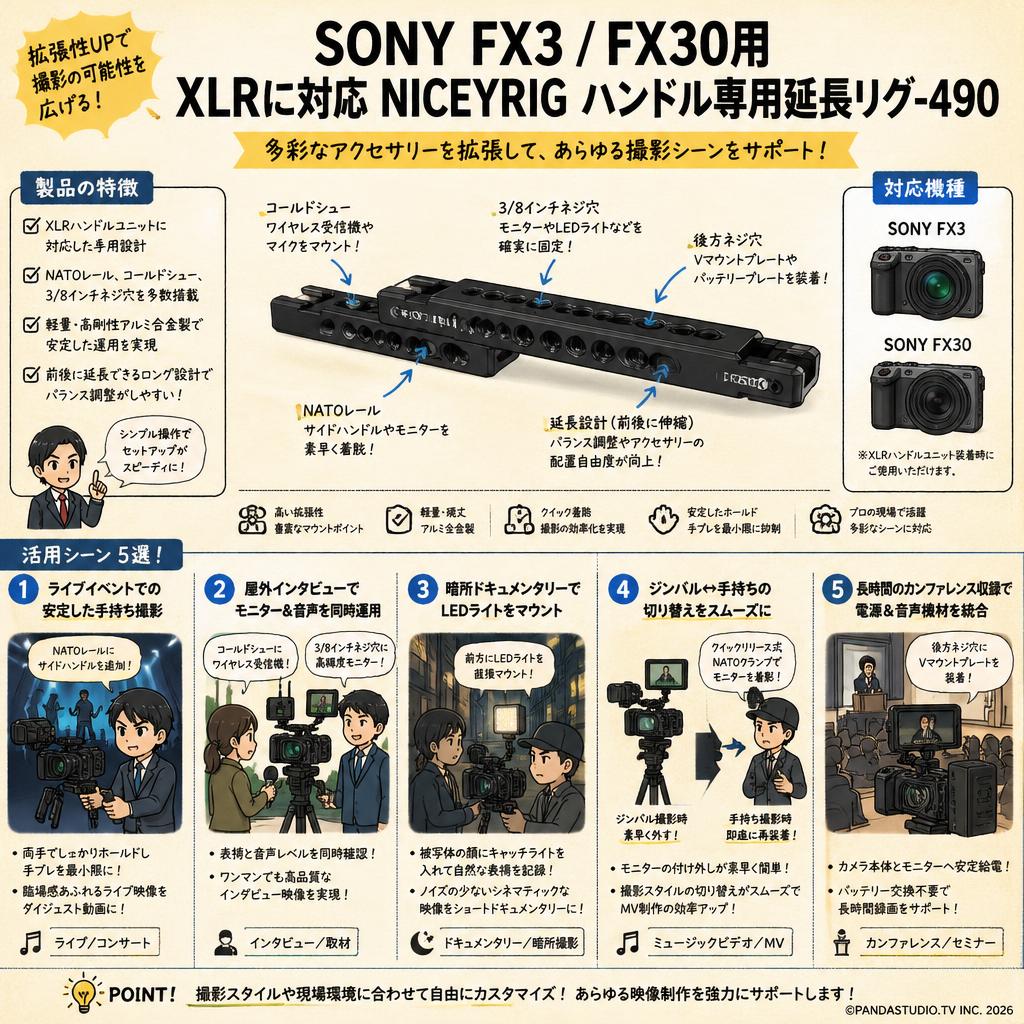 SONY FX3 FX30用 XLRに対応 NICEYRIG ハンドル専用延長リグ-490 用途