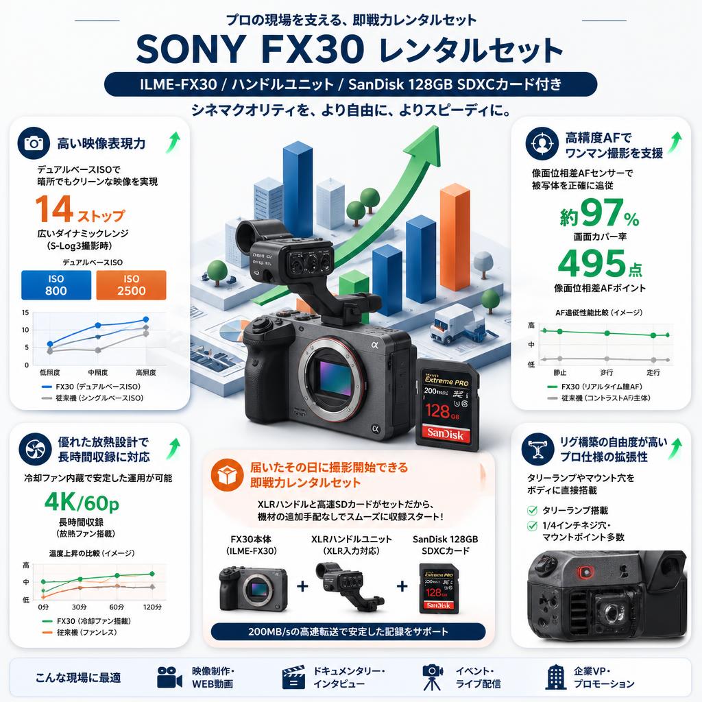 SONY FX30  ILME-FX30 / ハンドルユニット/ SanDisk 128GB UHS-I Class10 U3 Extreme PRO 200MB/s SDXCカード付き セールスポイント