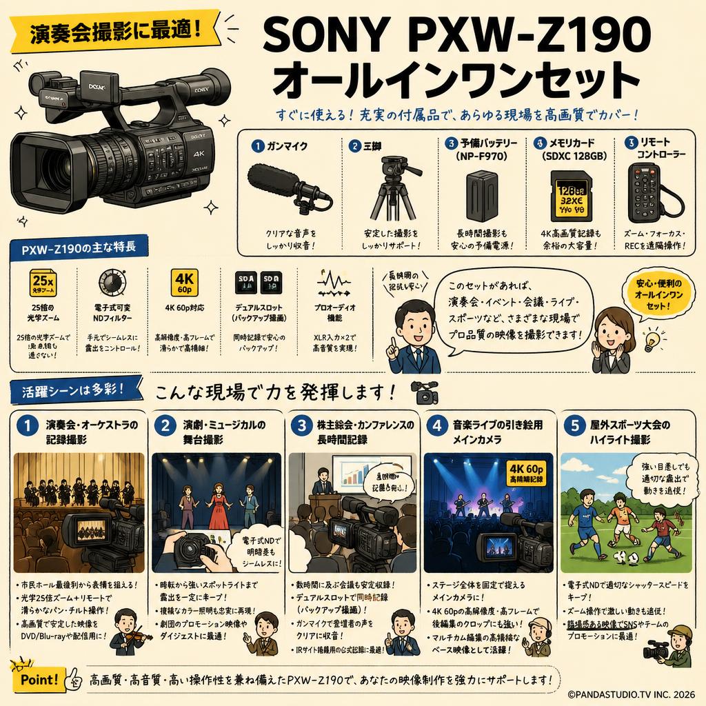 【演奏会撮影に最適】SONY PXW-Z190 オールインワンセット（マイク、三脚、予備バッテリー、メモリカード、リモートコントローラー） 用途