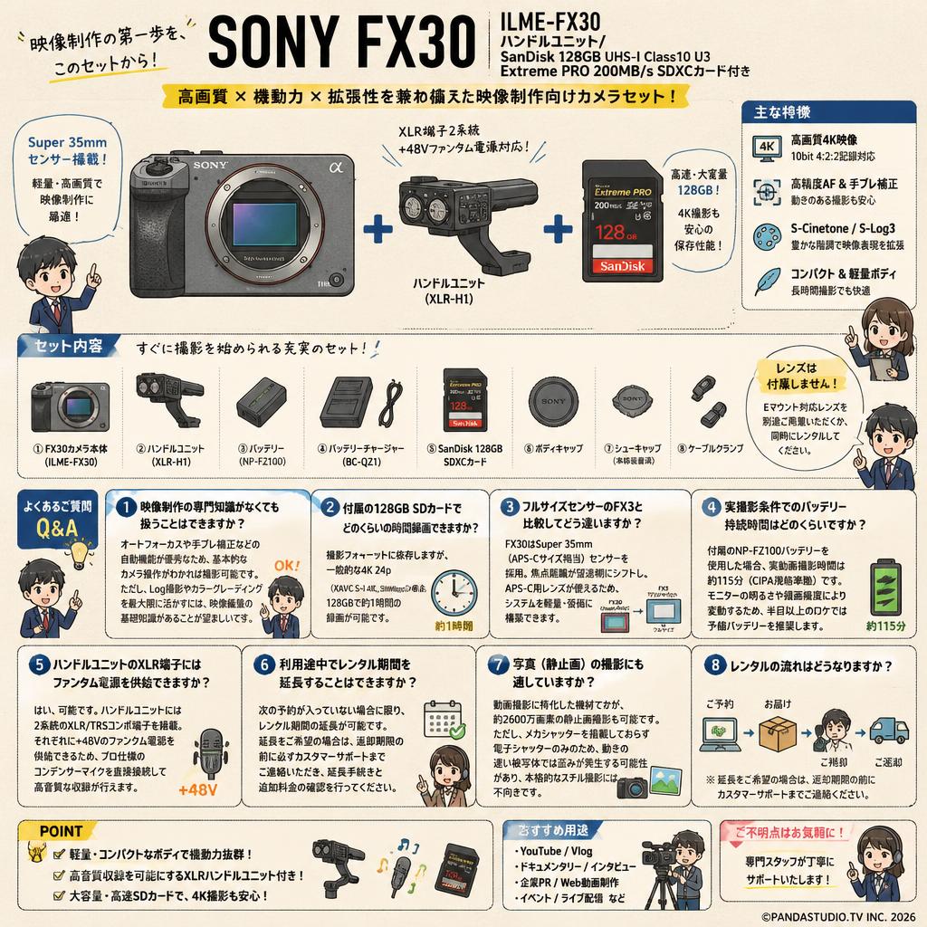 SONY FX30  ILME-FX30 / ハンドルユニット/ SanDisk 128GB UHS-I Class10 U3 Extreme PRO 200MB/s SDXCカード付き FAQ（よくある質問と答え）