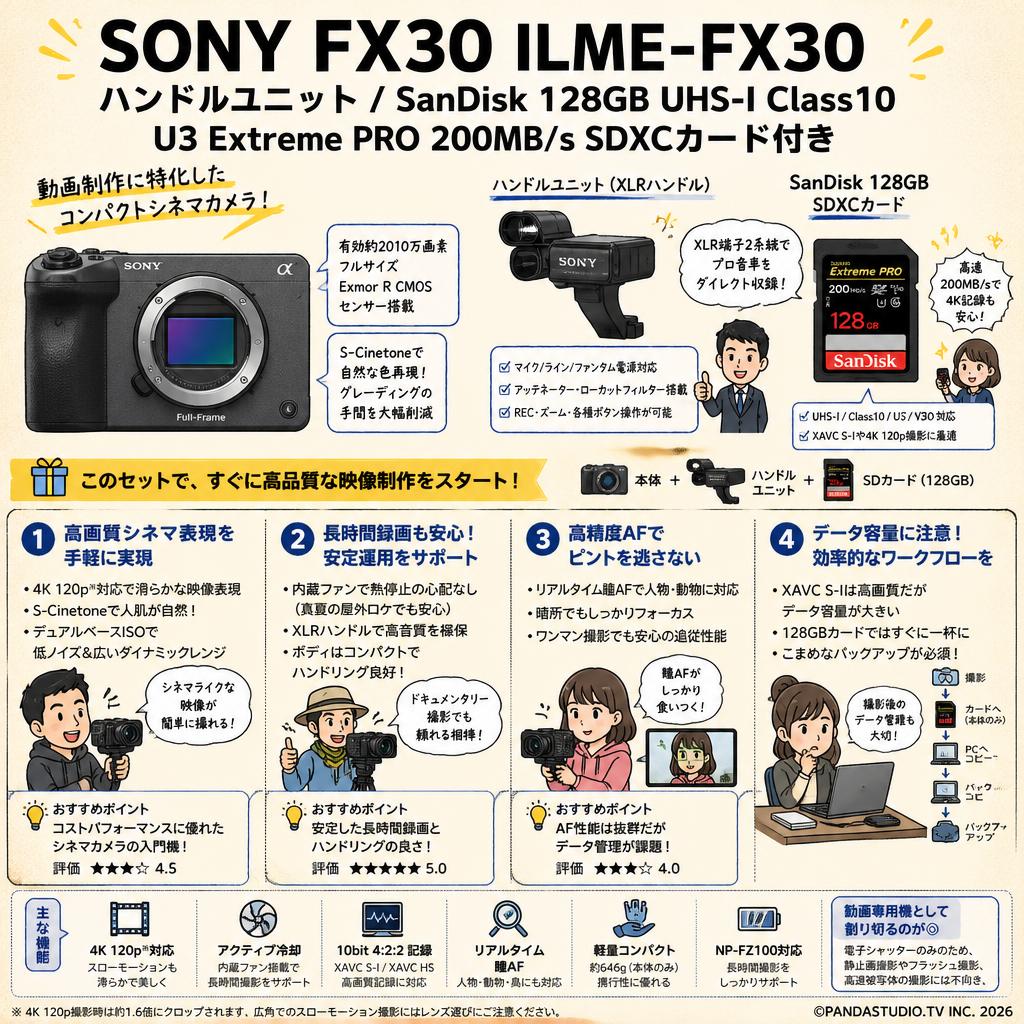 SONY FX30  ILME-FX30 / ハンドルユニット/ SanDisk 128GB UHS-I Class10 U3 Extreme PRO 200MB/s SDXCカード付き インターネット上のお客様の声（評判）