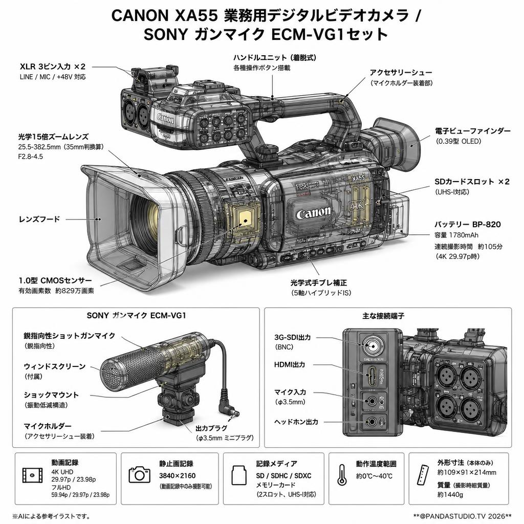 CANON XA55 業務用デジタルビデオカメラ / SONY ガンマイク ECM-VG1セット スペック