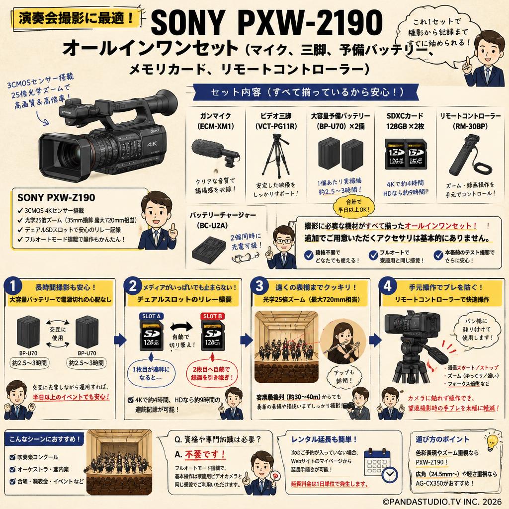 【演奏会撮影に最適】SONY PXW-Z190 オールインワンセット（マイク、三脚、予備バッテリー、メモリカード、リモートコントローラー） FAQ（よくある質問と答え）