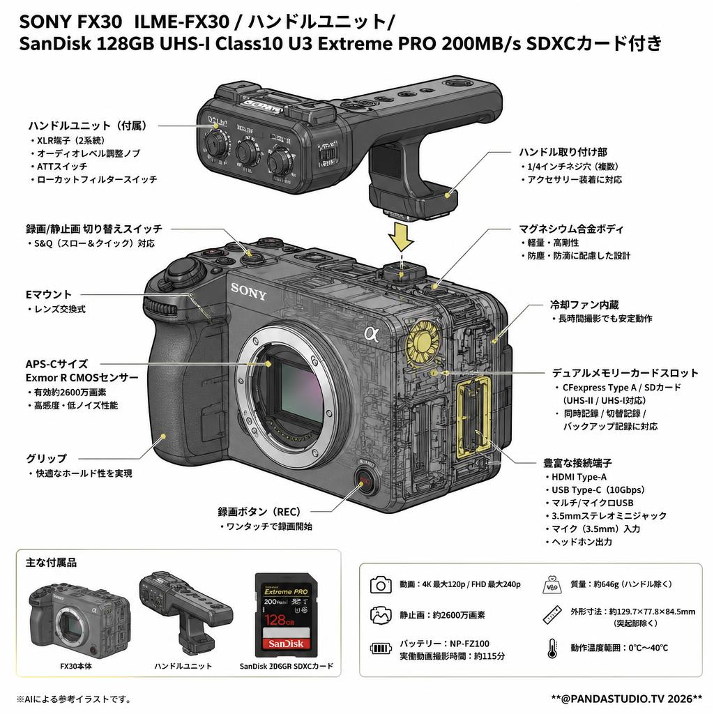 SONY FX30  ILME-FX30 / ハンドルユニット/ SanDisk 128GB UHS-I Class10 U3 Extreme PRO 200MB/s SDXCカード付き スペック