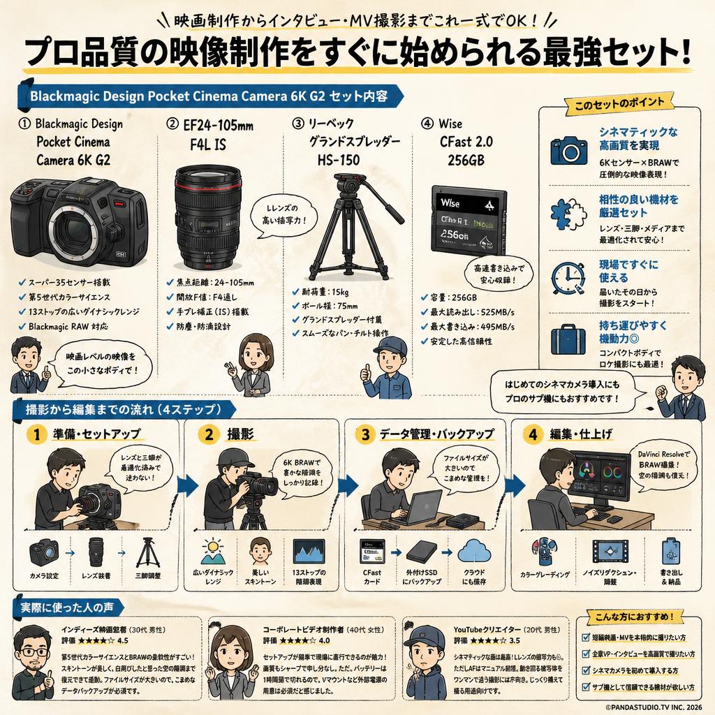 Blackmagic Design Pocket Cinema Camera 6K G2 / EF24-105mm F4L IS / リーベック  グランドスプレッダーHS-150 / Wise CFast 2.0 256GB セット インターネット上のお客様の声（評判）