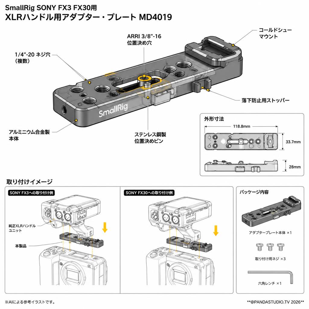SmallRig SONY FX3 FX30用 XLRハンドル用アダプター・プレート MD4019 スペック