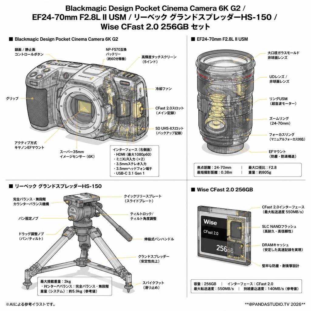 Blackmagic Design Pocket Cinema Camera 6K G2 /  EF24-70mm F2.8L II USM / リーベック  グランドスプレッダーHS-150 / Wise CFast 2.0 256GB セット スペック