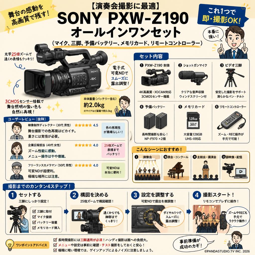【演奏会撮影に最適】SONY PXW-Z190 オールインワンセット（マイク、三脚、予備バッテリー、メモリカード、リモートコントローラー） インターネット上のお客様の声（評判）