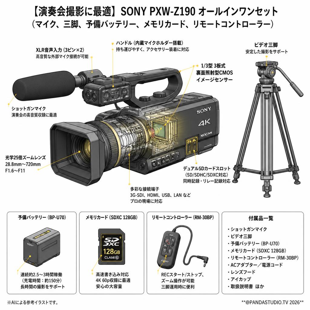 【演奏会撮影に最適】SONY PXW-Z190 オールインワンセット（マイク、三脚、予備バッテリー、メモリカード、リモートコントローラー） スペック