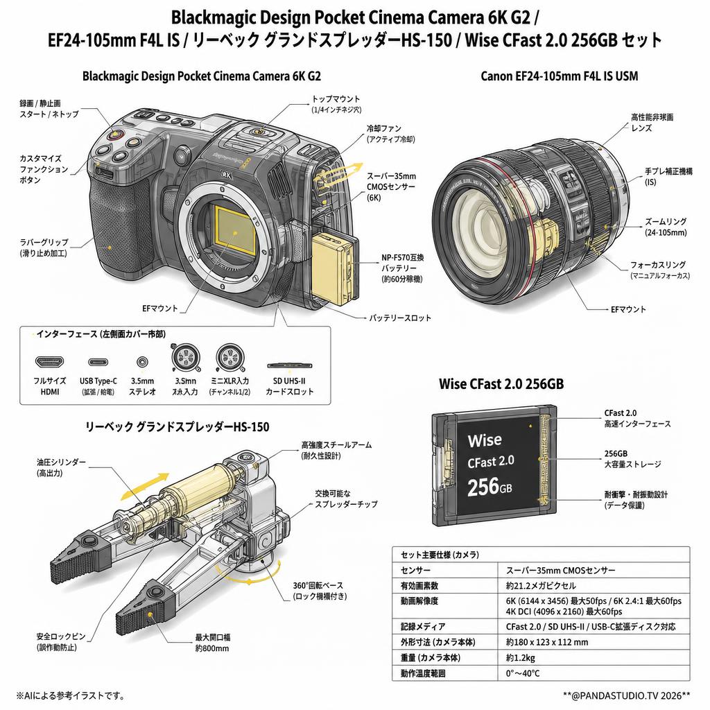 Blackmagic Design Pocket Cinema Camera 6K G2 / EF24-105mm F4L IS / リーベック  グランドスプレッダーHS-150 / Wise CFast 2.0 256GB セット スペック