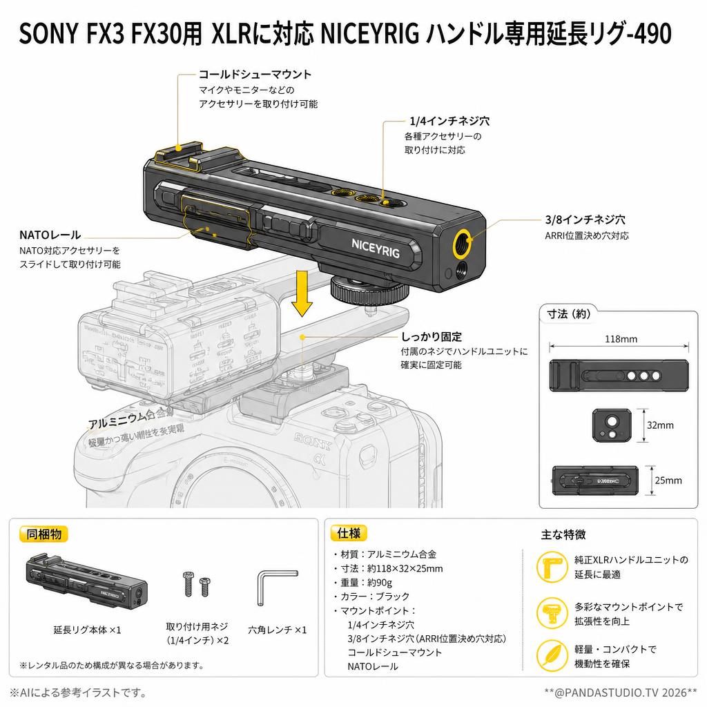 SONY FX3 FX30用 XLRに対応 NICEYRIG ハンドル専用延長リグ-490 スペック