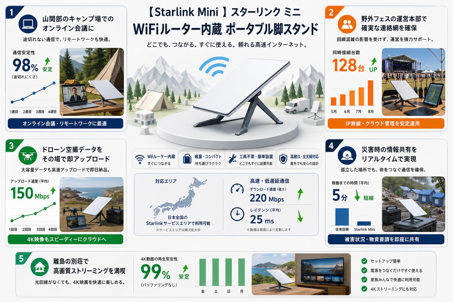 【Starlink Mini 】スターリンク ミニ WiFiルーター内蔵 / Starlink Mini用 ポータブル脚スタンド 用途