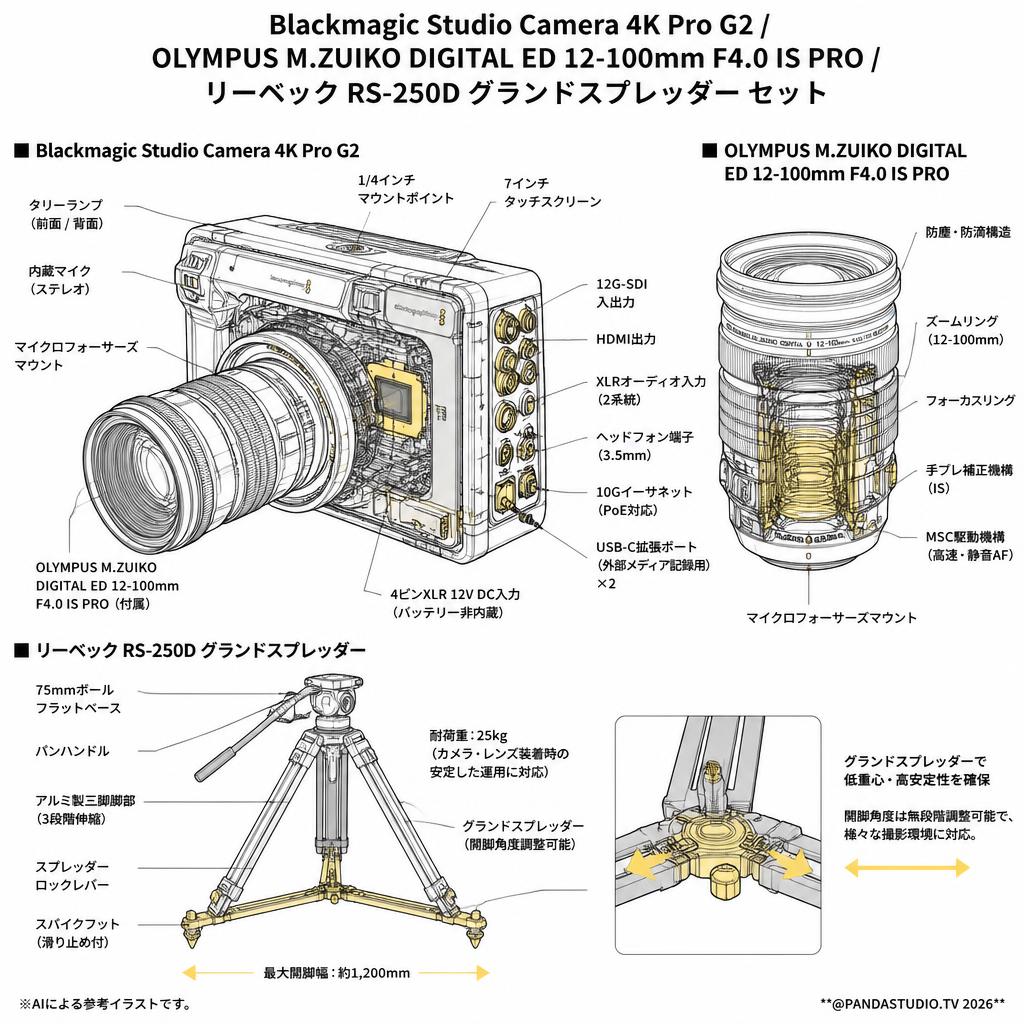 Blackmagic Studio Camera 4K Pro G2 / OLYMPUS M.ZUIKO DIGITAL ED 12-100mm F4.0 IS PRO / リーベック RS-250D グランドスプレッダー セット スペック