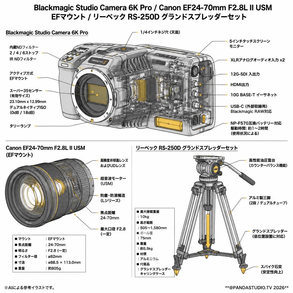 Blackmagic Studio Camera 6K Pro / Canon EF24-70mm F2.8L II USM EFマウント / リーベック RS-250D グランドスプレッダーセット スペック