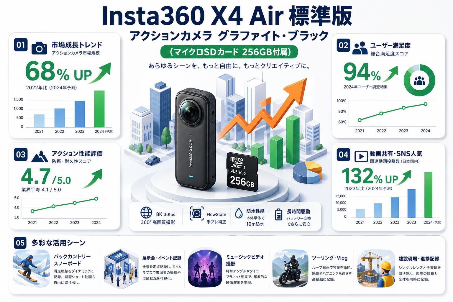 Insta360 X4 Air 標準版 アクションカメラ グラファイト・ブラック  (マイクロSDカード 256GB付属） 用途